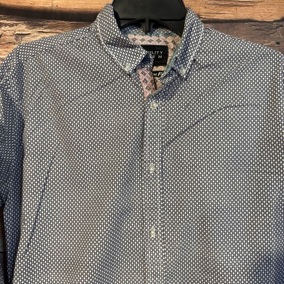 Tranquility Mayhem Mens S Button-Down Shirt Casual Long Sleeve Blue Patterned - Picture 2 of 9